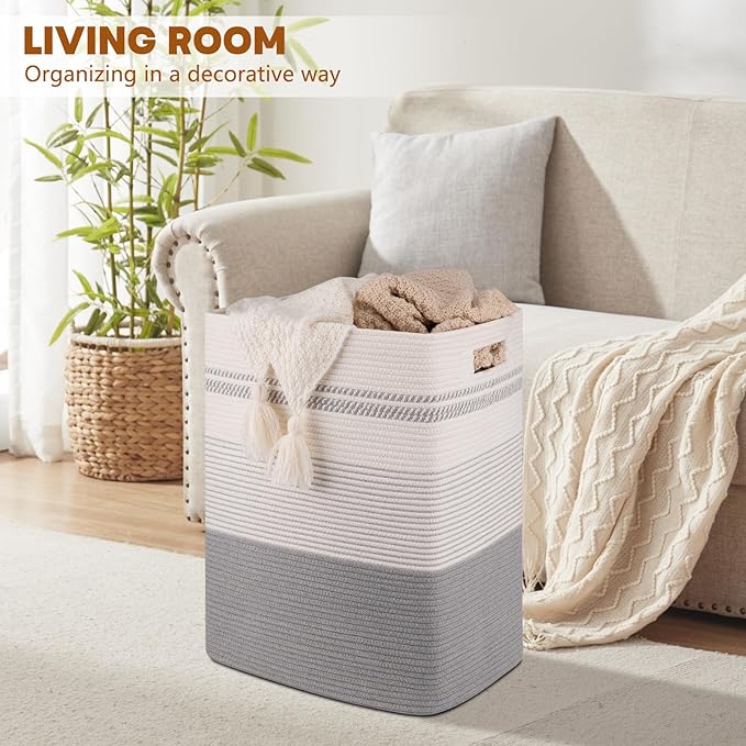 SIXDOVE Laundry Hamper, Large Woven Rope Tall Laundry Basket with Handles, 22" X 17" X 13", Decorative Storage Basket for Clothes and Blankets in Living room, Bedroom, Grey & White