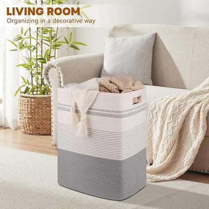SIXDOVE Laundry Hamper, Large Woven Rope Tall Laundry Basket with Handles, 22" X 17" X 13", Decorative Storage Basket for Clothes and Blankets in Living room, Bedroom, Grey & White