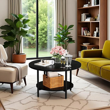 Coffee Table, 27.6“ Circle Coffee Tables for Living Room, 2 Tier Round Coffee Table with Storage, Wood Accent Center Floor Table for Bedroom, Industrial Home Office, Black (27.6" D x 17.7" H)
