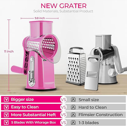 SUSTEAS Rotary Cheese Grater with Handle - Vegetable Shredder with 5 Well-designed Blades & Strong Suction Base,Round Mandoline Slicer & Food Chopper for Kitchen,with Blade Storage Box(Pink)