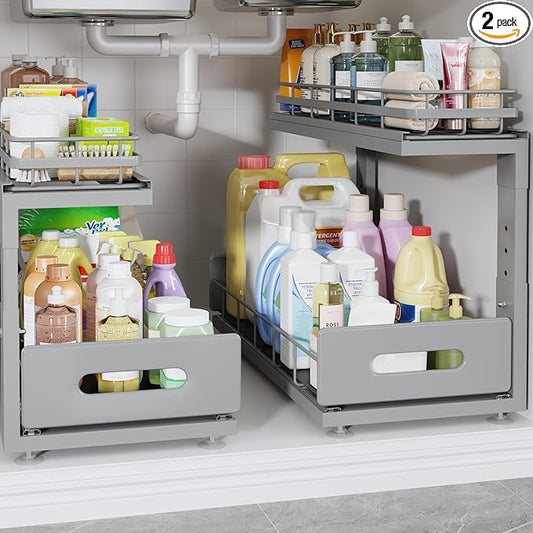 Under Sink Organizer Upgrade To Professional Rails,2-Tier Dual Pull Out Cabinet Storage,Height Adjustable Slide Out Drawers For Bathroom Kitchen,2 Pack-18.5"Dx12.8"-16.9"H,Gun Gray