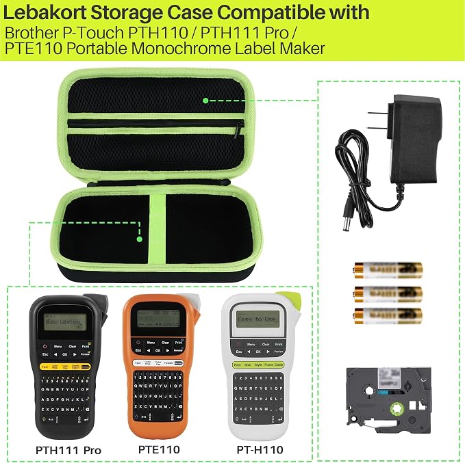 Lebakort Storage Case Compatible with Brother P-Touch PTH110 / PTH111 Pro / PTE110 Portable Monochrome Label Maker (Black+Yellow Zipper Case)