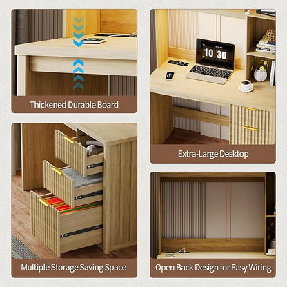 FREDEES LED Study Desk with Hutch, Home Office Desk with Charging Station & Storage Drawer, 70'H Writing Table with Glass Display Cabinet, 3 Color Light Computer Desks for Study, Wood
