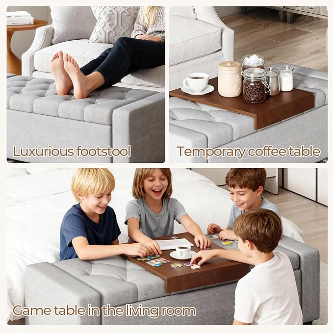 Storage Ottoman Bench with Tray,Large Entryway Ottoman with Storage, Rectangular Bench with Cushion and Safety Hinge for Living Room Bedroom,Light Gray