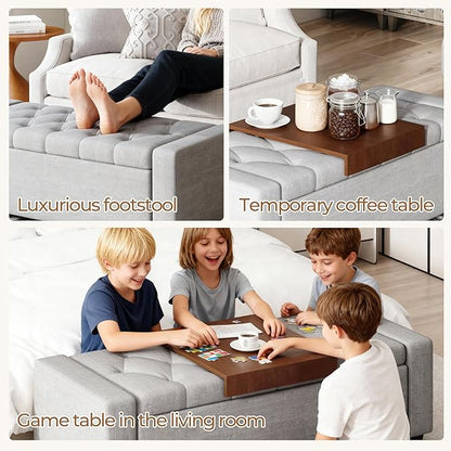 Storage Ottoman Bench with Tray,Large Entryway Ottoman with Storage, Rectangular Bench with Cushion and Safety Hinge for Living Room Bedroom,Light Gray