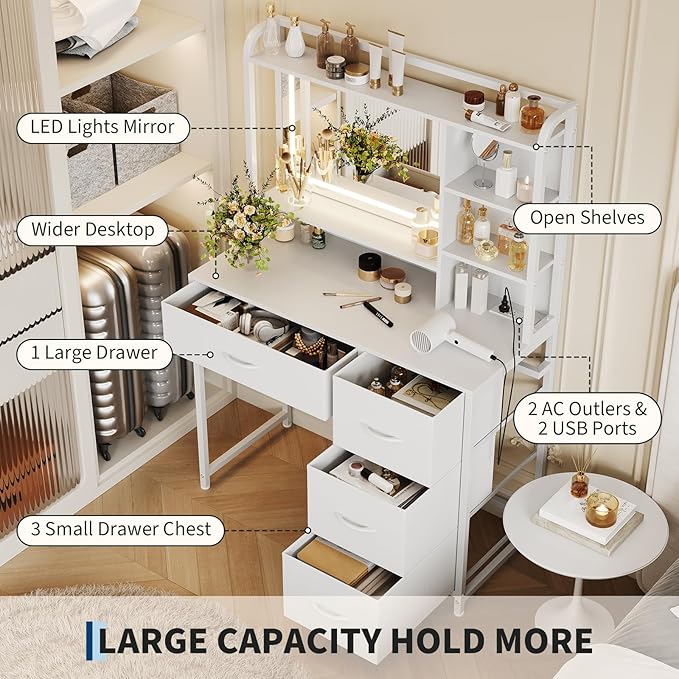 35.4" Vanity Desk with Square Mirror for Bedroom, Makeup Table with 4 Fabric Drawers & Storage Shelves, Modern Dressing Desk for Women Girls