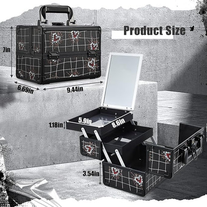 Joligrace Makeup Train Case Portable Makeup Case Organizer 2 Trays Cosmetic Box Storage with Mirror Lockable with Key for Cosmetics Nail Tech Traveling Makeup Travel Box Punk Love Hearts
