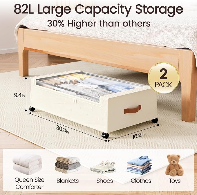 Yecaye 82 L Under Bed Storage with Wheels, 9.4 in Under Bed Storage Containers, Large Under Bed Shoe Storage with Lids, Rolling Underbed Storage bins for Clothes, Blankets, Beige