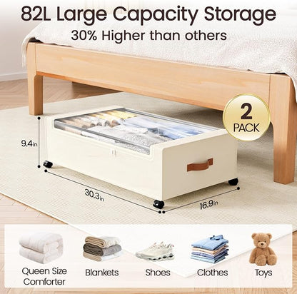 Yecaye 82 L Under Bed Storage with Wheels, 9.4 in Under Bed Storage Containers, Large Under Bed Shoe Storage with Lids, Rolling Underbed Storage bins for Clothes, Blankets, Beige