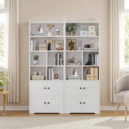 IRONCK Bookshelves and Bookcases with 4 Doors, 6-Tier Bookshelf with Storage Shelves 74.6 in Tall Bookcase for Home Office, Living Room, Bedroom, White