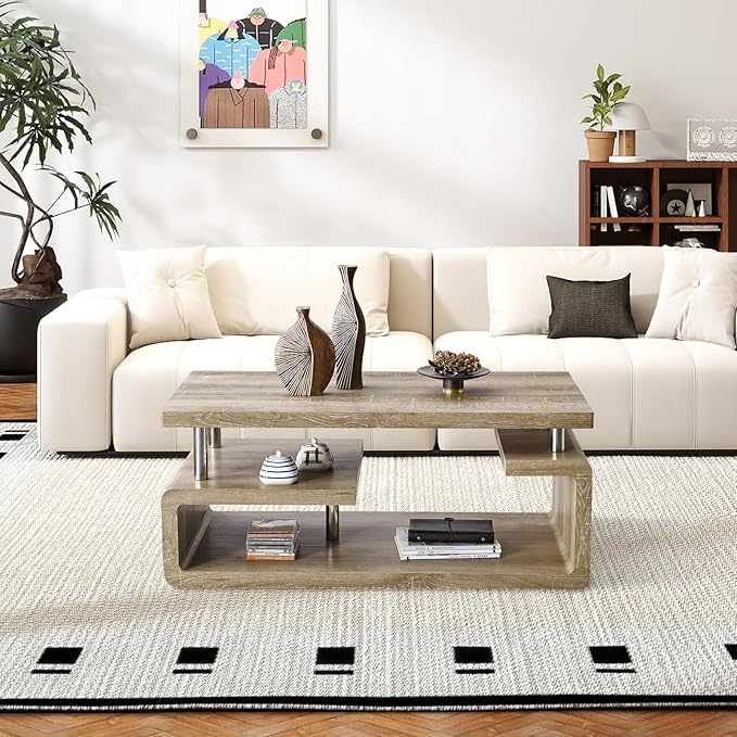 43.5" Coffee Table, 3-Tier Modern Center Table with Storage, Large Wood Coffee Table for Living Room, Office, Apartment (Retro Wood Grain)