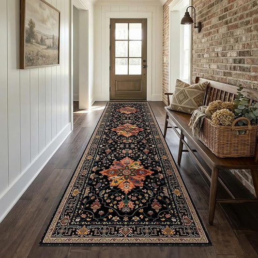 RELEANY Area Rugs Runner 2'x10' Washable Non-Slip, Floral Vintage Distress Medallion Carpet for Kitchen Hallway Bedroom Beside Laundry Room Bathroom, Black Colorful Floral Dark Tan