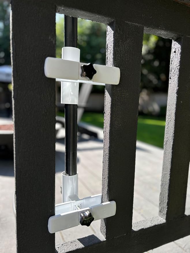 | Patio Umbrella Holder | 2 Piece Design | Outdoor Umbrella Base and Mount | Attaches to Railing Maximizing Patio Space and Shade