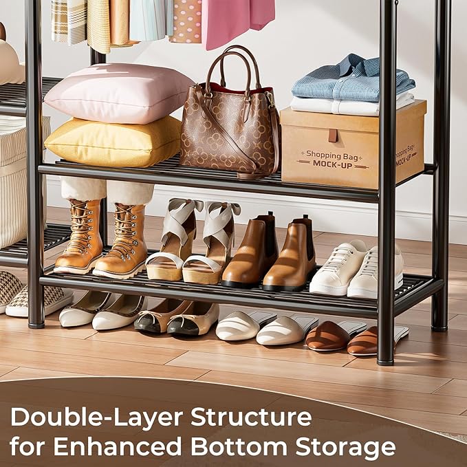 Heavy Duty Clothes Rack with 5 Tiers Shelves, Max Load 670LBS, Portable Freestanding Multi-Functional Metal Clothing Rack with Hanging Rods Organizer System for Bedroom Closet Wardrobe, Black
