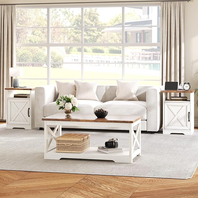 AMERLIFE 3-Piece Farmhouse Living Room Table Set with Coffee Table & 2 End Tables, Charging Station & USB Ports, Distressed White