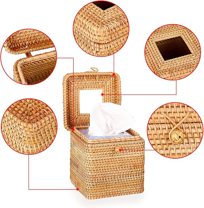 Sumnacon Tissue Box Cover Square Tissue Box Rattan Tissue Box Holder with Hinged Top Lid, Wicker Tissue Holder for Bathroom Toilet Living Room Kitchen Office Table Desk, Yellow