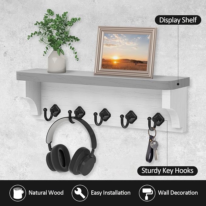 Nekon Key Holder for Wall, 11.8" W x 3.5" H x 2.8" D Decorative Key Organizer with Floating Shelf, Wall Mount Key Rack with 5 Hooks (Gray)