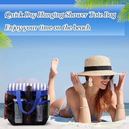 Hillban 4 Pcs Mesh Shower Caddy Portable Shower Caddy for Dorm Beach Mesh Bags with Deeper 8 Pockets and Handles Showers Caddies Basket for Women College Room Vacation(Blue)