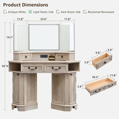 T4TREAM Makeup Vanity Desk 48" with 3 Way Mirror and Lights, Large Farmhouse Corner Vanity Dressing Table with Glass Top & Charging Station, 3 Drawers & 2 Storage Cabinets, Light Rustic Oak