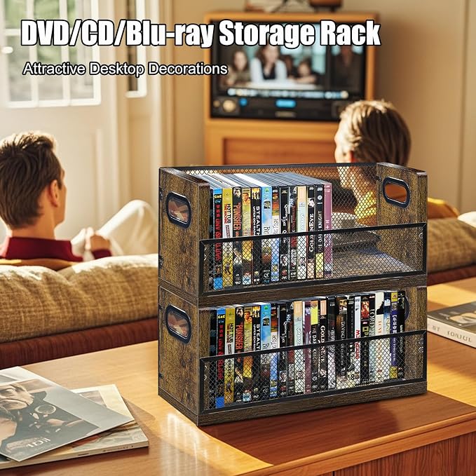 DVD CD Storage Rack, DVD Shelf Holds 28 DVD Cases, Stackable Wood & Metal DVD Tower with Magnetic Opening Door for Easy Access, Desktop Organizer for Blu ray, Video Game, VHS Tapes