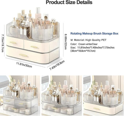 DASITON Makeup Organizer with Drawers and Rotating Makeup Brush Holder,Large Capacity Stackable Cosmetic Organizer Countertop,Bathroom Organizers and Storage,Make up Organizers for Vanity (Cream 03)