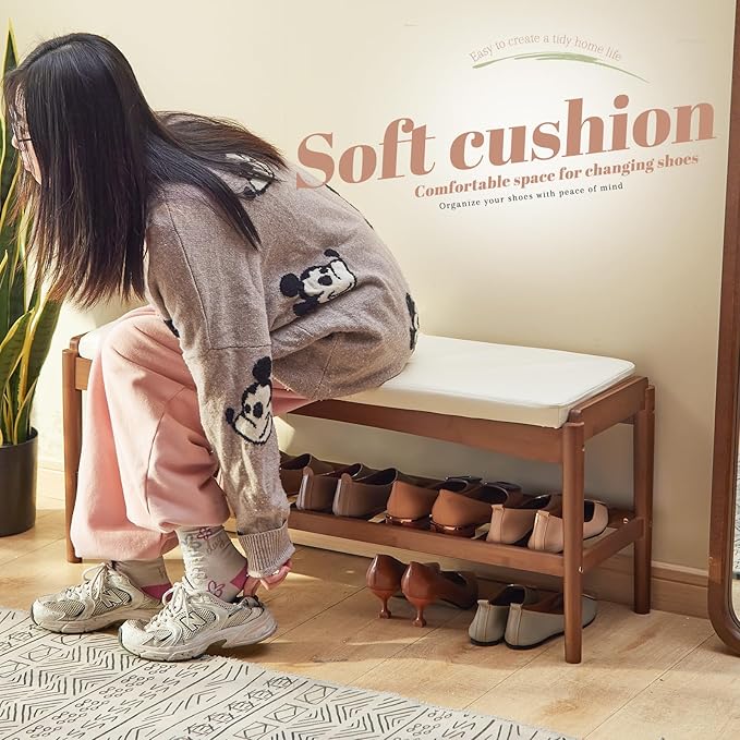 Shoe Rack Bench Entryway Bamboo Shoe Storage Bench with Leather Cushion 2 Tiers Shoe Rack Entryway Bench for Hallway, Living Room,Bedroom(Beige Bench top+Brown Frame)