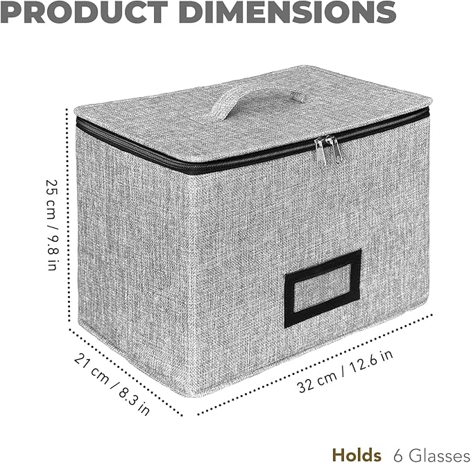 HURZMORO Wine Glass Storage Box with Dividers, Holds 6 Red or White Wine Glasses, Hard Top and Sides,6 Compartment Stemware Storage Container, Grey