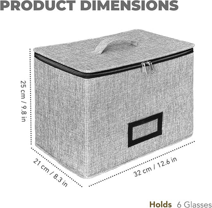 HURZMORO Stemware Storage Cases, Wine Glass Storage Box Containers for Glassware or Crystal, Holds 6 Red or White Glasses, Hard Top and Sides (Grey, Mug and Wine Glass Storage Box, 6 Compartments)