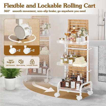 Bathroom Cart with Bathtub Tray Holder, Bathroom Organizers and Storage, Small Slim Shelf Organizer with Bath Tub Caddy Rack, 3 Tier Narrow Skinny Acrylic Rolling Cart for Laundry Room Living Room