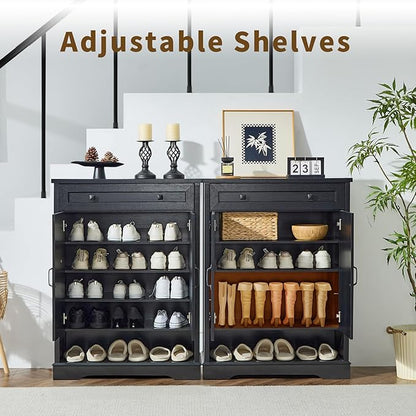 SOOWERY Shoe Cabinet with Drawer, Farmhouse Shoe Storage Cabinet with Doors, 5 Tiers Narrow Shoe Organizer for Entryway, Foyer, Hallway, Black