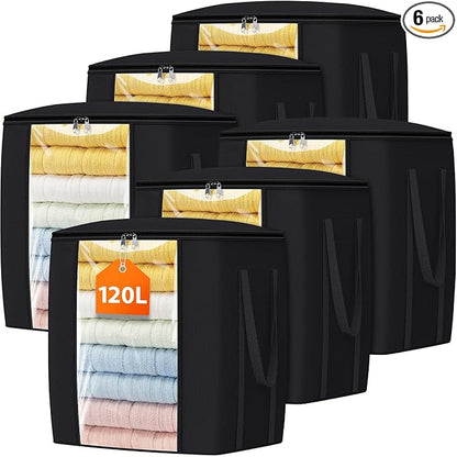 TasticTotes 120L Extra Large Clothes Storage Bags, Foldable Blanket Storage and Organization, Thick Fabric Containers with Reinforced Handles & Zippers for Clothing, Comforters, Bedding, Black, 6 Pack