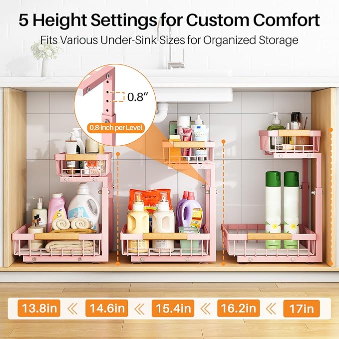 PXRACK Under Sink Organizer, Adjustable Height, 2 Tier Pull Out Under Cabinet Organizer, Slide Out Thickened Metal Under Sink Storage for Kitchen Bathroom Laundry Pantry Cabinet, Pink, Large-1-Pack