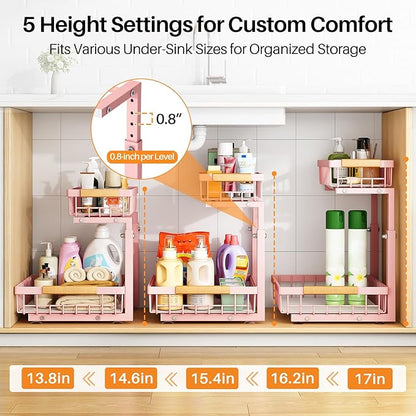 PXRACK Under Sink Organizer, Adjustable Height, 2 Tier Pull Out Under Cabinet Organizer, Slide Out Thickened Metal Under Sink Storage for Kitchen Bathroom Laundry Pantry Cabinet, Pink, Large-1-Pack