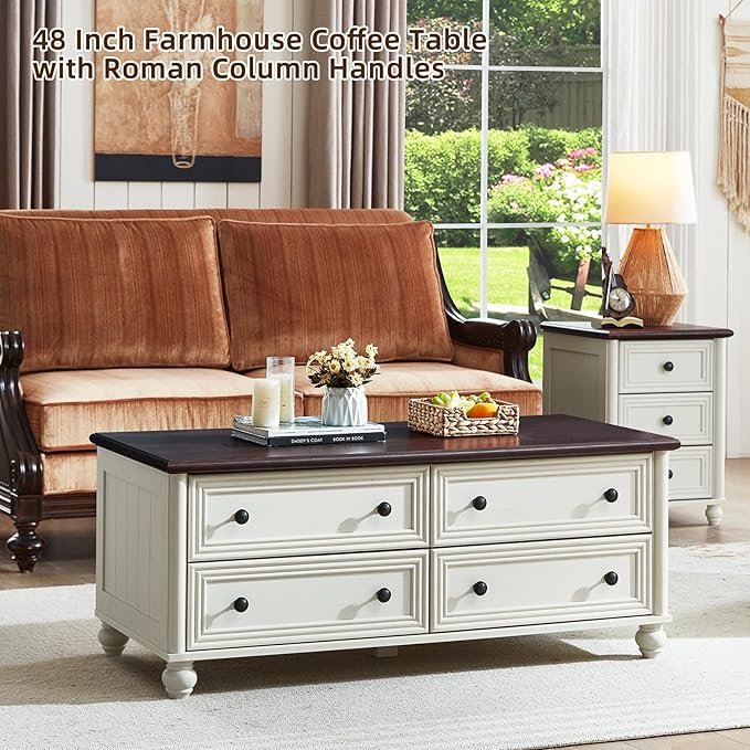 48" Farmhouse Coffee Table with Hidden Storage,Wooden Coffee Tables with 4 Drawers & Roman Column Handle,Rectangular Rustic Center Table with Solid Wood Curved Base for Living Room,Office,White