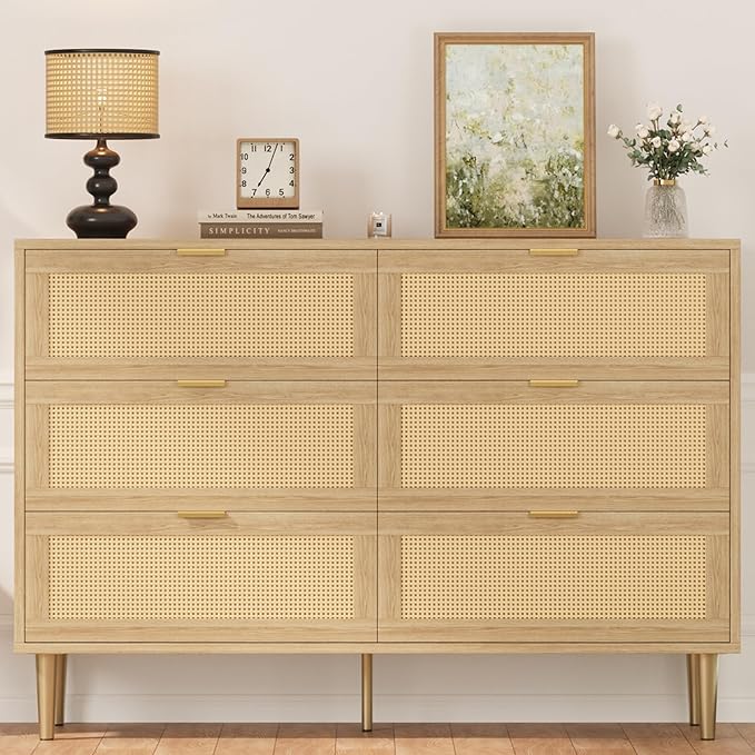 IDEALHOUSE Rattan 6 Drawer Dresser for Bedroom, Modern Chest of Drawers with Gold Legs and Gold Handles, Wide Double Dresser with Large Tabletop and Anti-Tipping Design for Bedroom Living Room, Oak