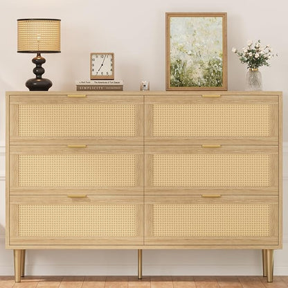 IDEALHOUSE Rattan 6 Drawer Dresser for Bedroom, Modern Chest of Drawers with Gold Legs and Gold Handles, Wide Double Dresser with Large Tabletop and Anti-Tipping Design for Bedroom Living Room, Oak
