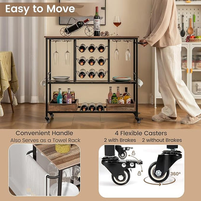 Giantex Bar Cart, 3 Tier Home Serving Cart on Wheels, Glass Racks, 12 Wine Holders, 8 Hooks & Storage Boxes, Industrial Rolling Beverage Cart for Coffee Bar, Kitchen, Dining Room