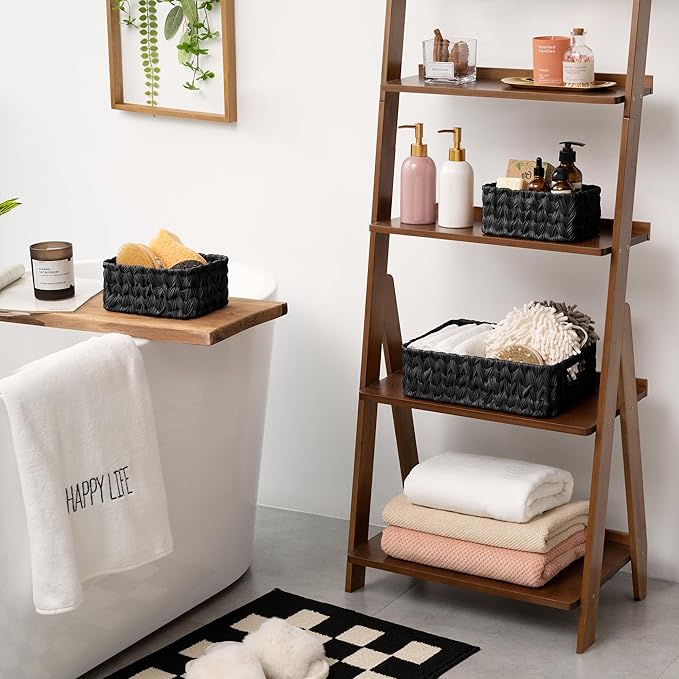 GRANNY SAYS Wicker Baskets for Organizing, Wicker Storage Basket for Shelf, Woven Baskets Oraganizer, Waterproof Vanity Basket for Towel, Home Organization, Black, 3-Pack