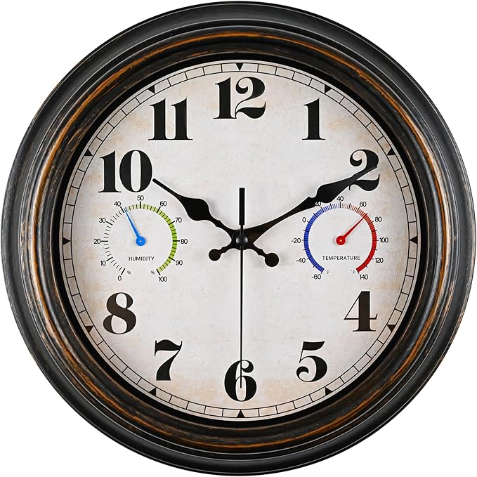 Outdoor Clock Thermometer Combo - Retro Silent Wall Clocks, 12Inch Large Indoor Outdoor Clock with Temperature and Humidity, Battery Operated Non Ticking Classic Vintage Clocks Wall Decorative