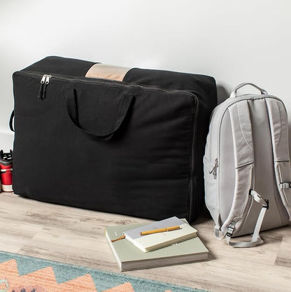 Soft Canvas Storage Bags with Zipper. Thick Breathable, 2pc King/Queen Comforter Organizer. Four Carrying Handles and Window. Large 25x19x9in Bag for Sheets Blankets Bedding Pillows, Clothes (Black)