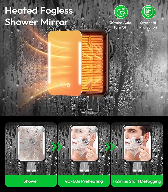 Lighted Shower Mirror Fogless for Shaving with Light, 5000mAh Heated Fogless Mirror for Shower, Detachable Razor Holder and Suction Cup for Wall, NO-Drilling, Waterproof for Bathroom (Black)