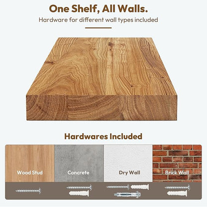 Vivelove Solid Wood Floating Shelves Set of 2, Elm Wood Wall Shelf with Invisible Bracket for Living Room Bedroom Bathroom Office, Rustic Farmhouse Decor Storage & Display, 36 inch - Natural