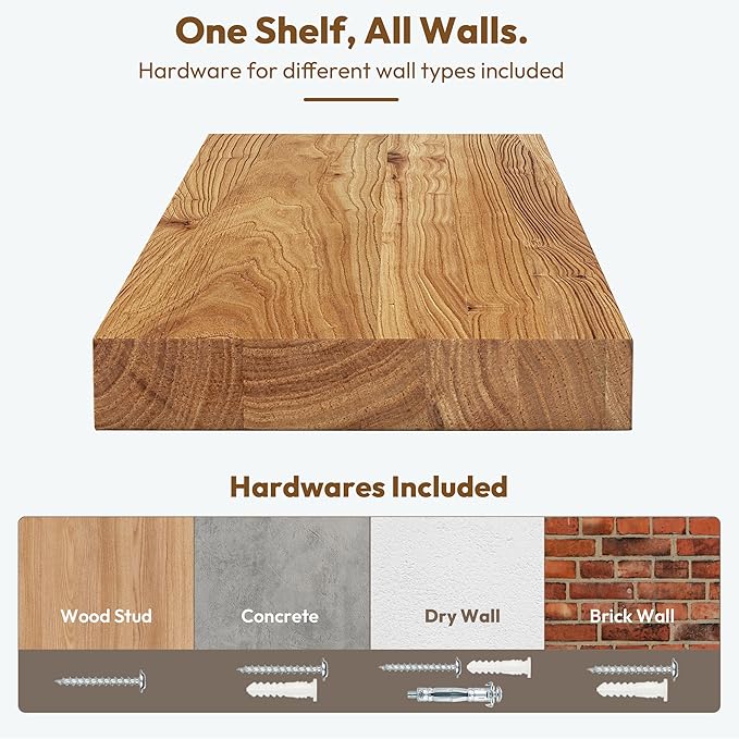 Vivelove Floating Shelves for Wall Solid Elm Wood, 24 Inches Long Rustic Wall Shelf with Invisible Bracket for Living Room Bedroom Bathroom Office Book, Farmhouse Wall Decor, Set of 2 - Natural