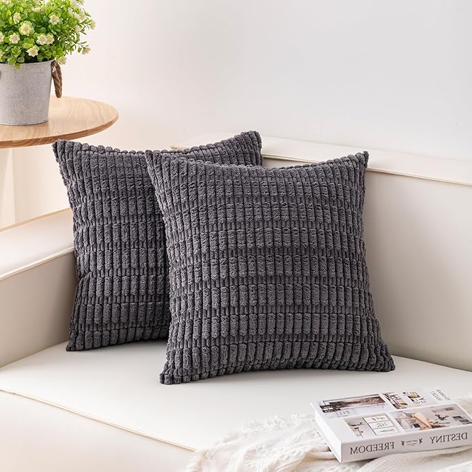 Aegero Pack of 2 Corduroy Decorative Throw Pillow Covers 18x18 InchSoft Boho Striped Pillow Covers Modern Farmhouse Home Decor for Sofa Living Room Couch Bed（Dark Grey）
