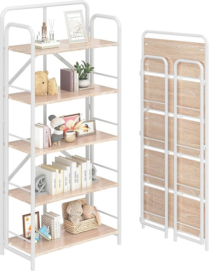 4NM No Assembly Folding Bookshelf, 5 Tiers Collapsible Book Shelves Open Industrial Foldable Storage Bookcase Shelf for Bedroom, Living Room, Home Office - Natural and White