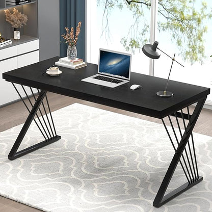 FOLUBAN Black Desk, Modern Wood and Metal Computer Desks for Home Office, Simple Writing Work PC Desk for Bedroom, Industrial Study Gaming Table for Living Room, 60 Inch