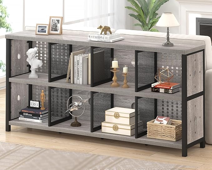 LVB Industrial 4 5 6 7 8 Cube Bookcase, Rustic Wood Metal Horizontal Bookshelf, Modern Wide Cube Organizer Storage Shelf, Large Long Low Book Shelf for Office Bedroom Living Room, Light Grey Oak 63 In