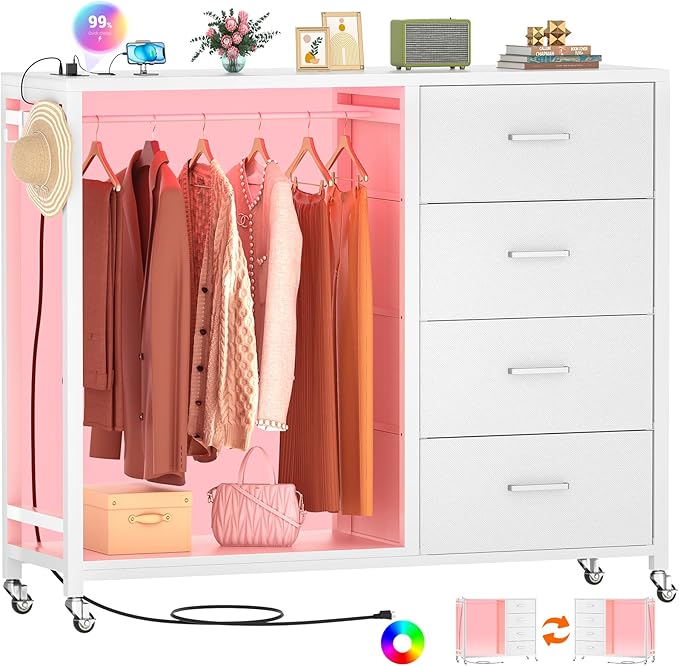 Cyclysio Dresser with Hanging Rack, 4 Fabric Drawers Dresser with Clothes Rack, Wooden Top Storage Chest of Drawers with Charging Station & LED Lights, Lockable Wheels, Closet