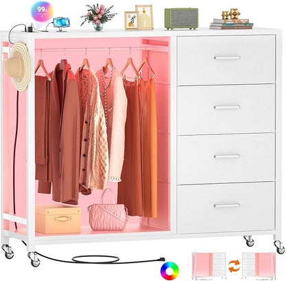 Cyclysio Dresser with Hanging Rack, 4 Fabric Drawers Dresser with Clothes Rack, Wooden Top Storage Chest of Drawers with Charging Station & LED Lights, Lockable Wheels, Closet