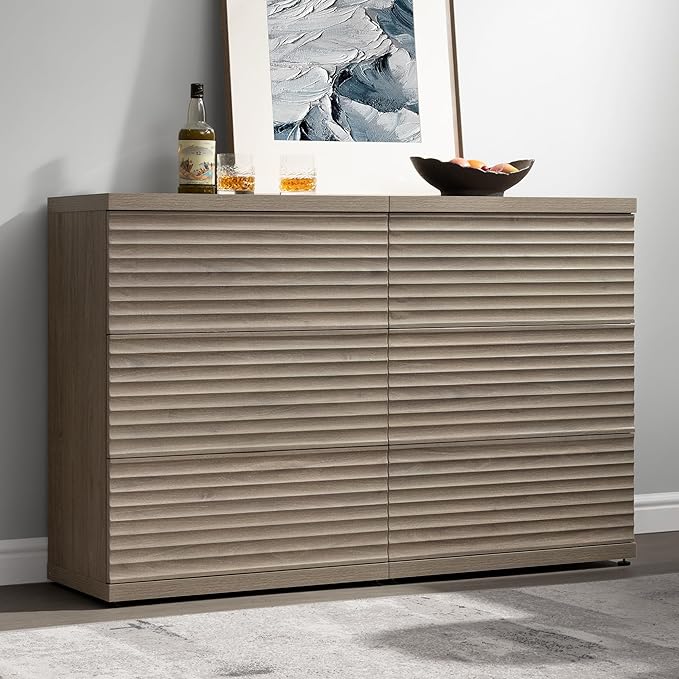 SICOTAS Fluted Sideboard Buffet Cabinet with Storage, Modern Credenza Storage Cabinet with 3 Larger Drawers, Mid Century Coffee Bar Table for Living Room Entryway Kitchen, Grey Alder (2 PCS)